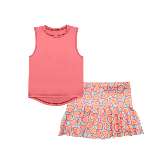 Baby Girls Peach Sleeveless Vest Top Hearts Skirts Yoga Activity Set Preorder