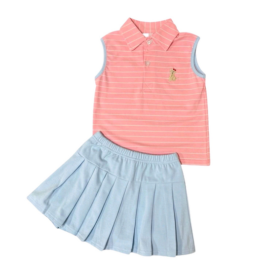 Baby Girls Peach Stripe Sleeveless Button Dog Top Ruffle Skirts Set Preorder