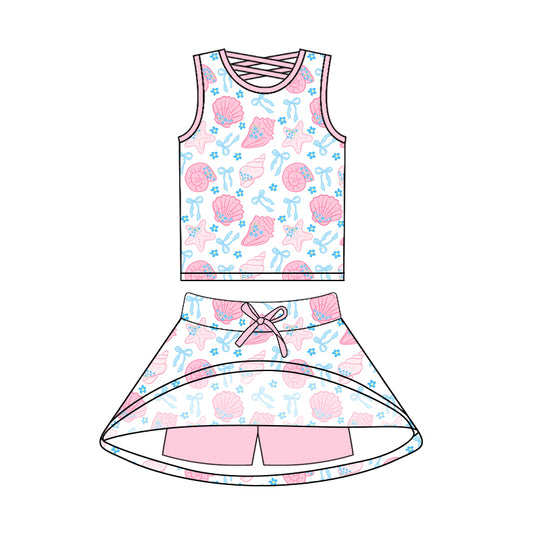 Preorder moq 5 Baby Girls Sleeveless Pink Shell Plaid Top Skort Set