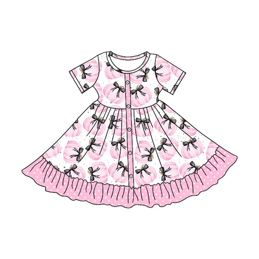 Baby Girls Short Sleeves Bows Pumpkins Button Knee Length Dress Preorder