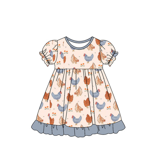 GSD2543Baby Girls Short Ruffle Sleeves Flowers Chicks Knee Length Dress Preorder