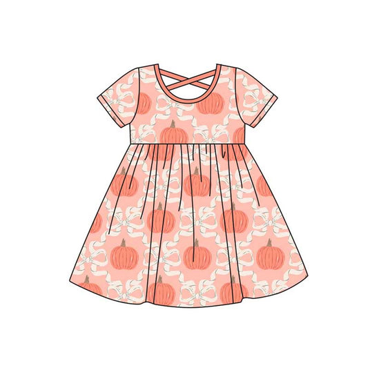 Baby Girls Peach Short Sleeves Pumpkins Bows Knee Length Dresses Preorder