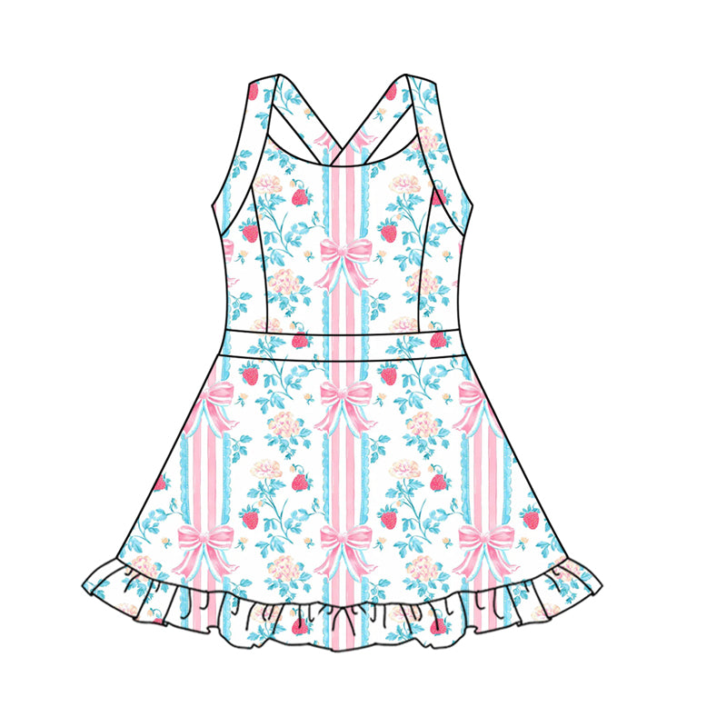Baby Girls Strap Floral Bows Stripe Activity Wear Yoga Knee Length Dresses Preorder