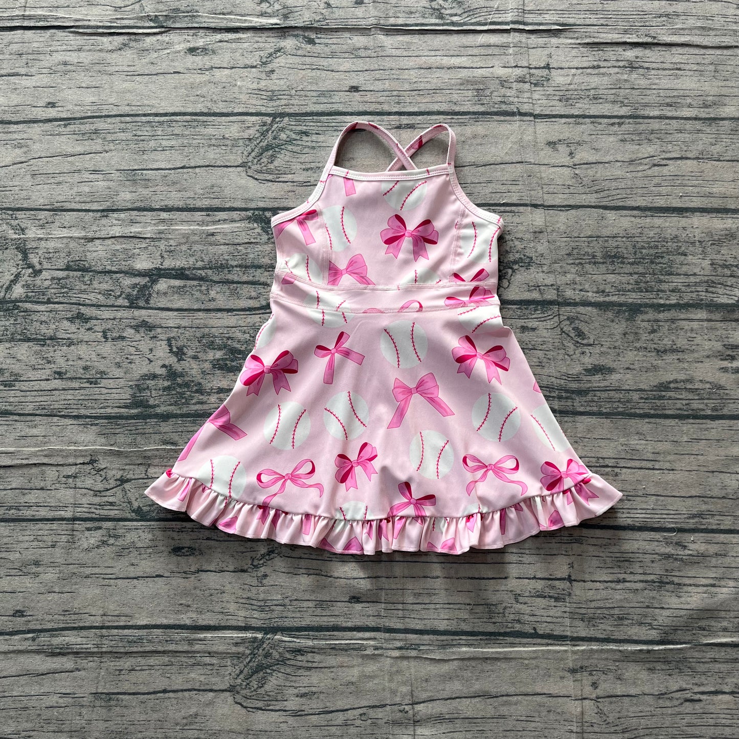 Baby Girls Strap Pink Bows Baseballs Activity Wear Yoga Knee Length Dresses