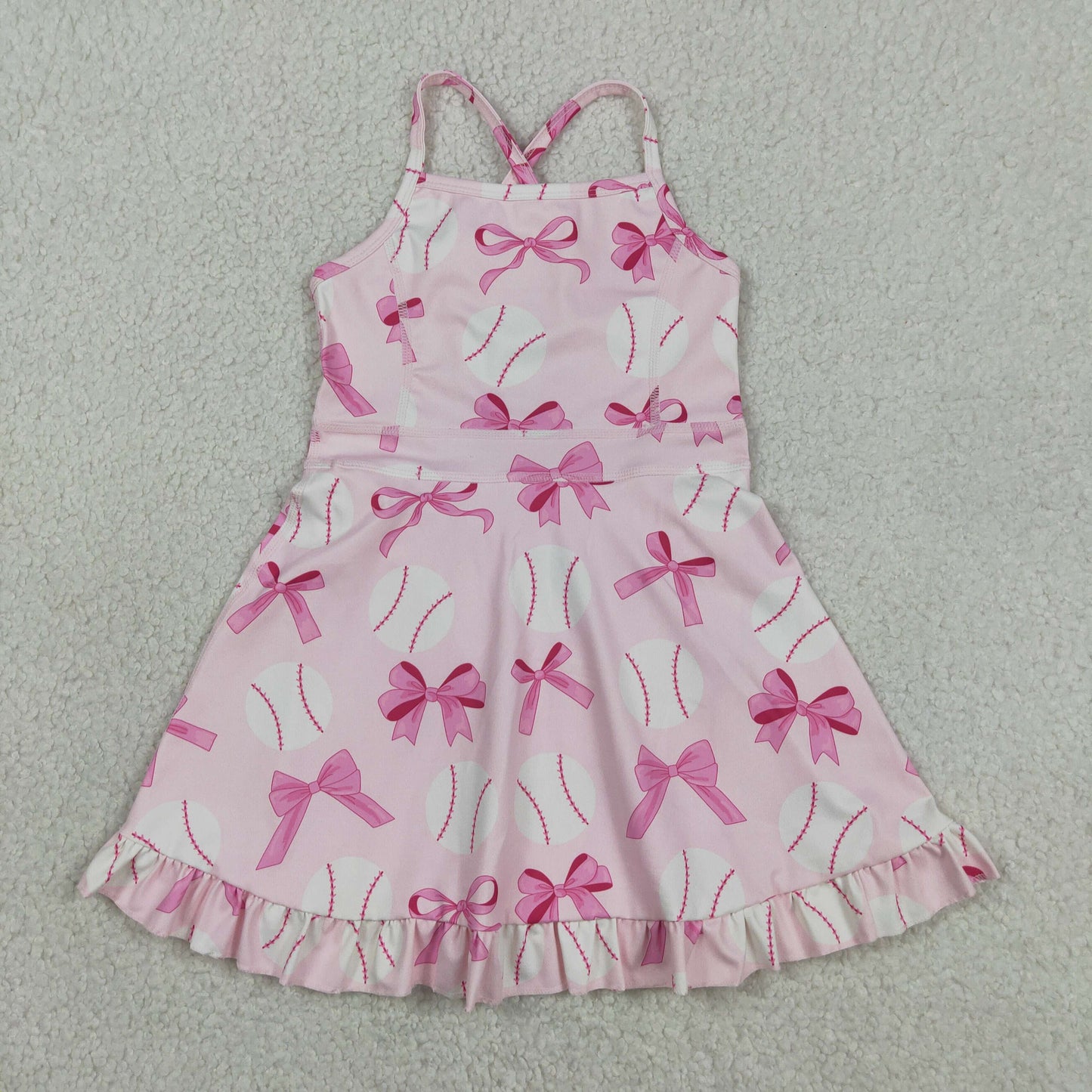 Baby Girls Strap Pink Bows Baseballs Activity Wear Yoga Knee Length Dresses