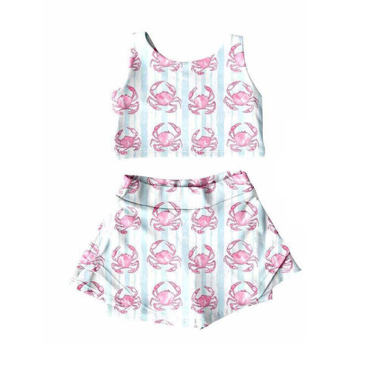 Baby Girls Sleeveless Blue Stripe Crabs Vests Top Skorts Yoga Clothges Set Preorder
