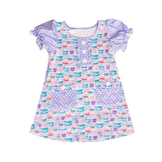 Baby Girls Lavender Polka Dots Birthday Cakes Button Pockets Knee Length Dress Preorder