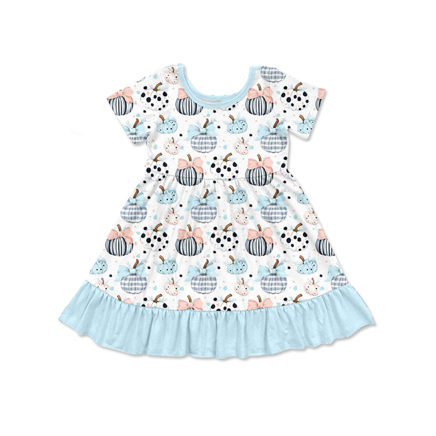 Baby Girls Blue Short Sleeves Bows Pumpkins Knee Length Dresses Preorder