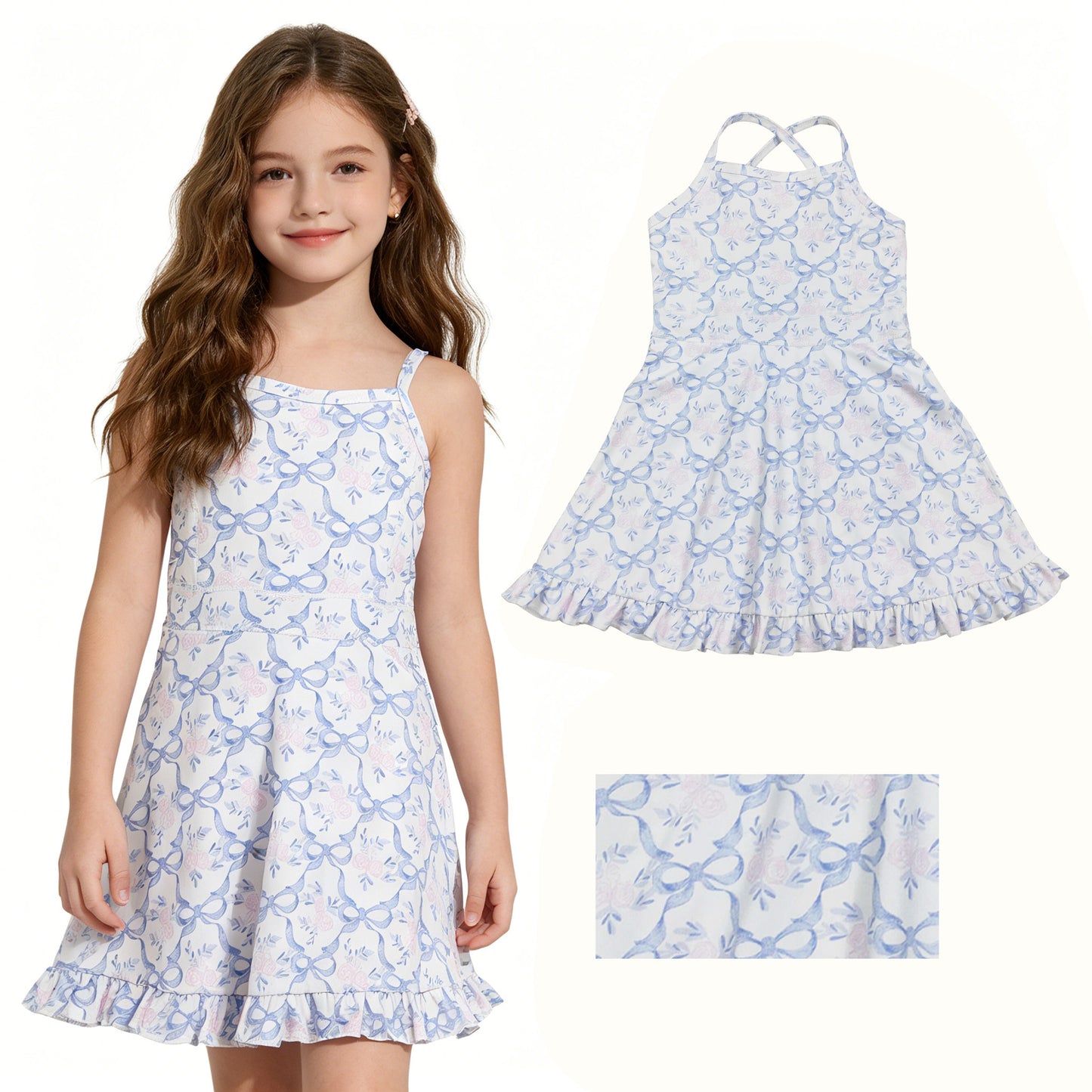 Baby Girls Strap Blue Bows Floral Yoga Ruffle Athletic Dresses