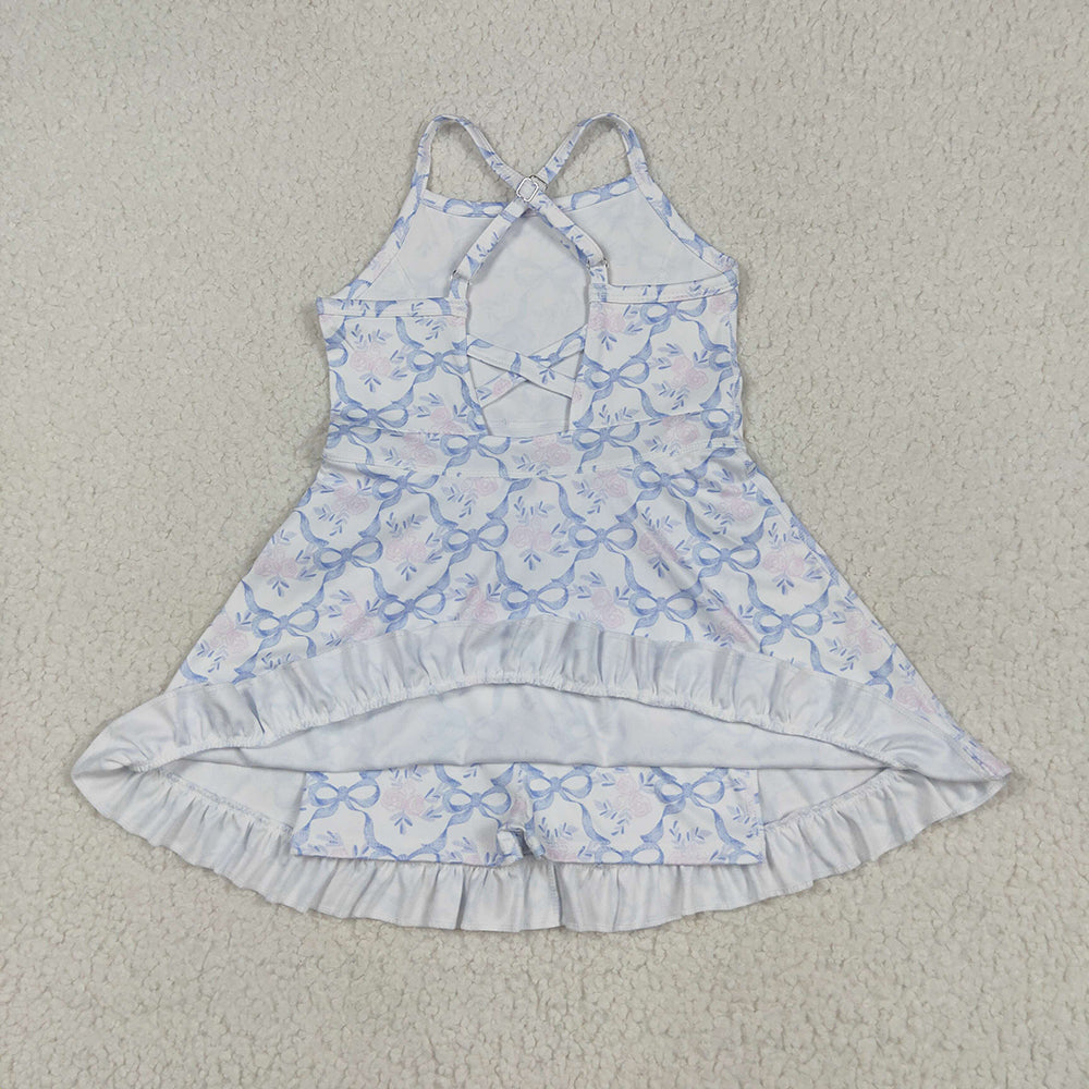 Baby Girls Strap Blue Bows Floral Yoga Ruffle Athletic Dresses