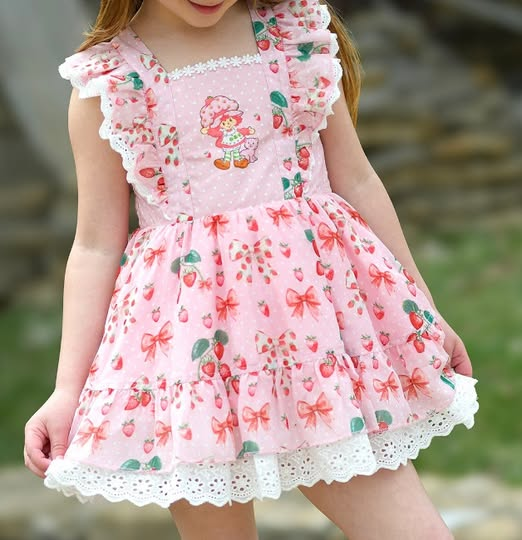Preorder moq 5 Baby Girls Pink Flutter Sleeves Strawberry Bows Knee Length Dresses