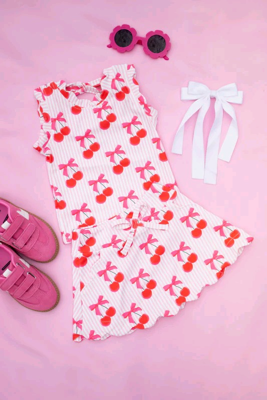 Baby Girls Sleeveless Pink Stripe Bows Cherry Top Pockets Short Skirts Set Preorder