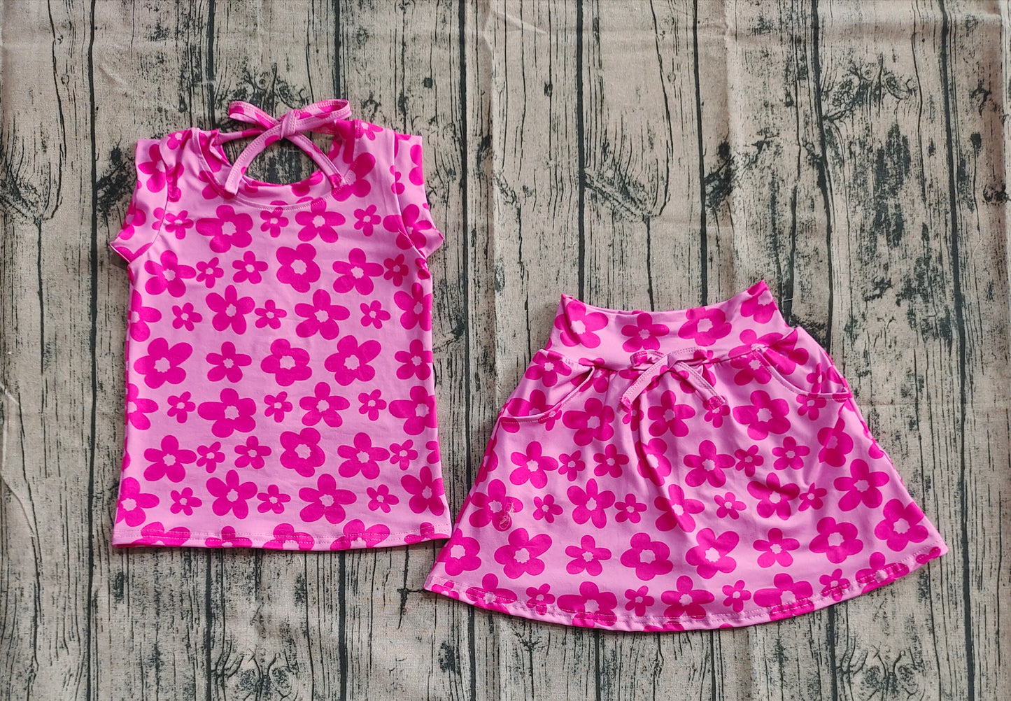 Baby Girls Sleeveless Hot Pink Flowers Top Pockets Short Skirts Sets