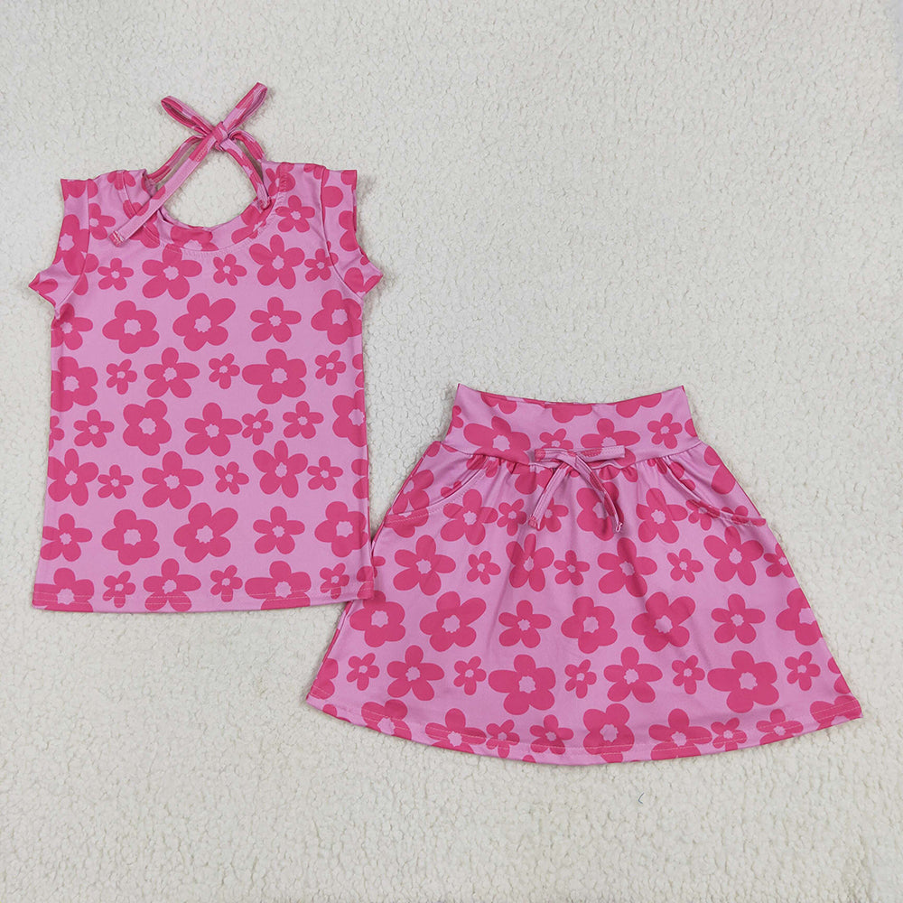 Baby Girls Sleeveless Hot Pink Flowers Top Pockets Short Skirts Sets