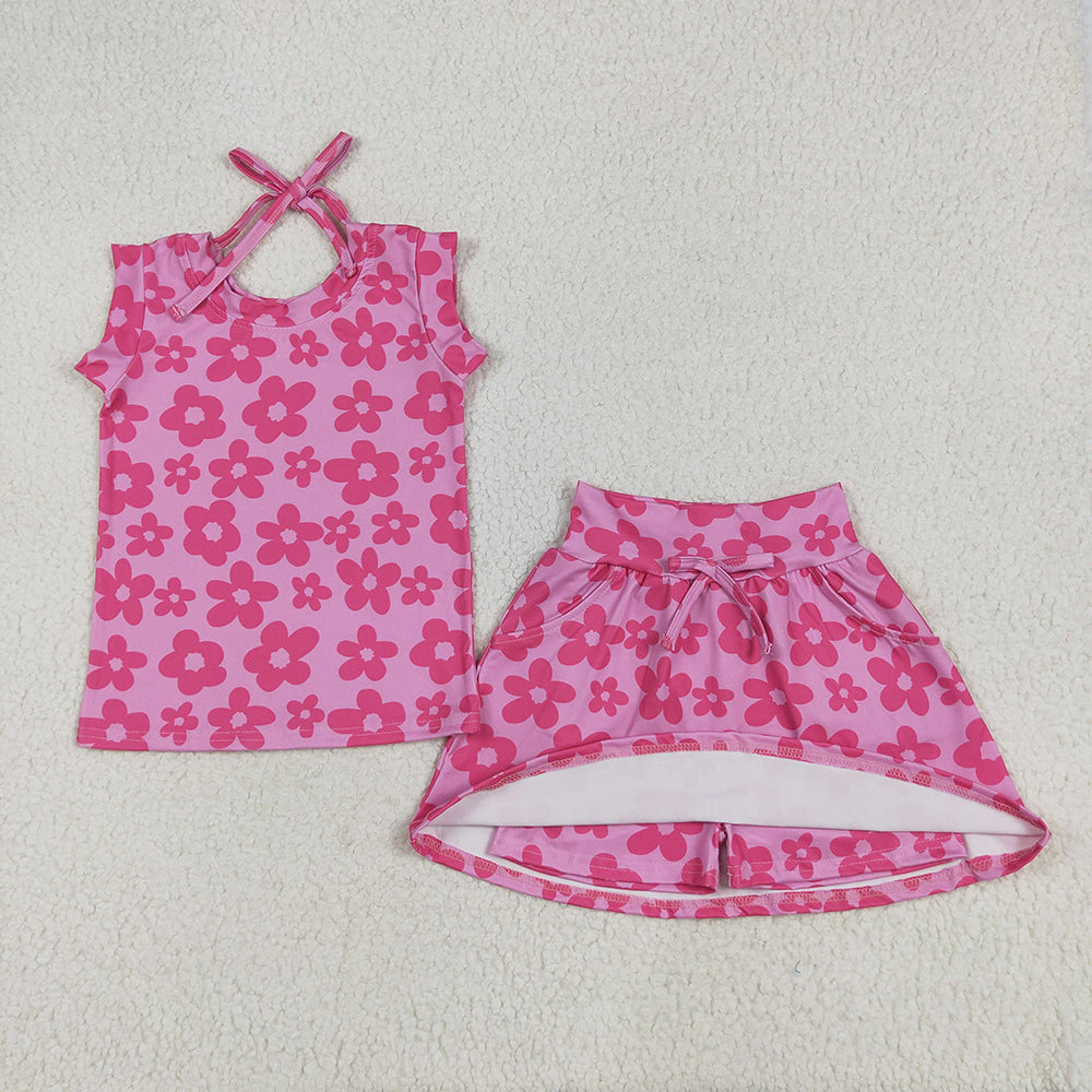 Baby Girls Sleeveless Hot Pink Flowers Top Pockets Short Skirts Sets