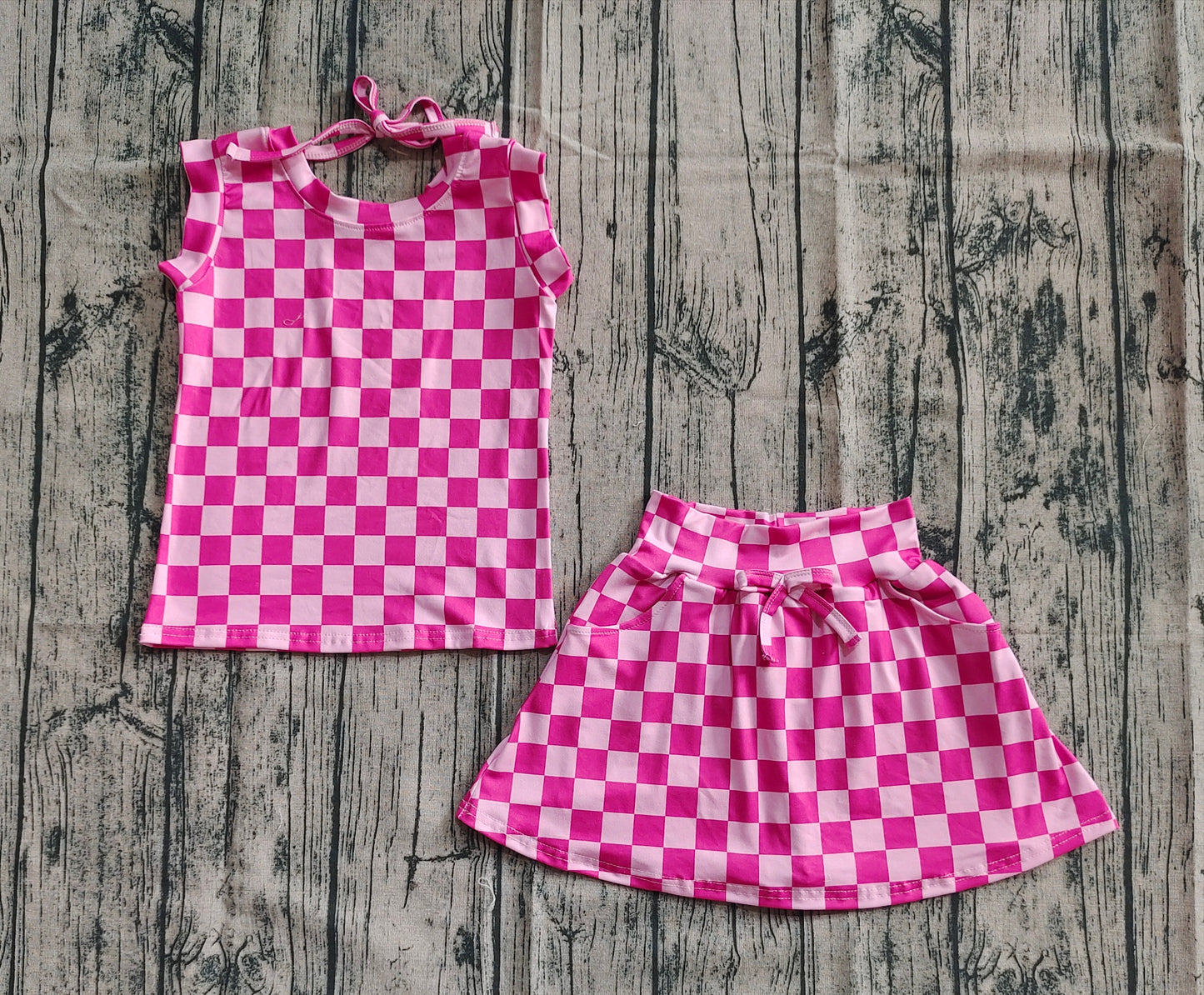 Baby Girls Sleeveless Pink Plaid Top Pockets Short Skirts Sets