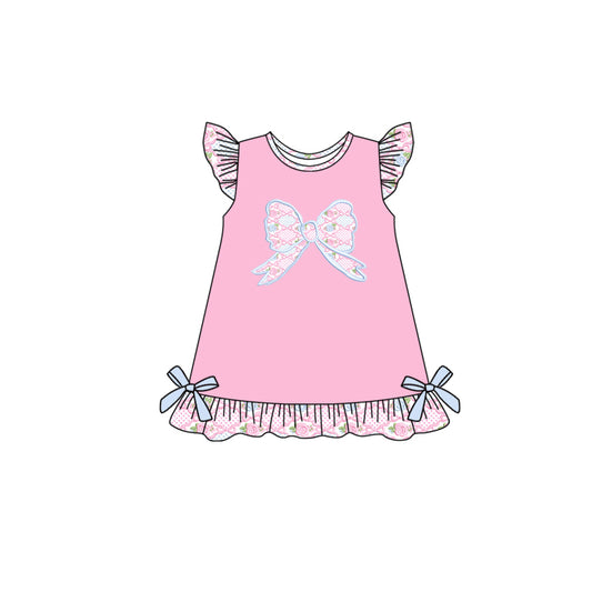 Baby Girls Pink Flutter Sleeves Flower Bows Top Ruffle Knee Length Dress Preorder