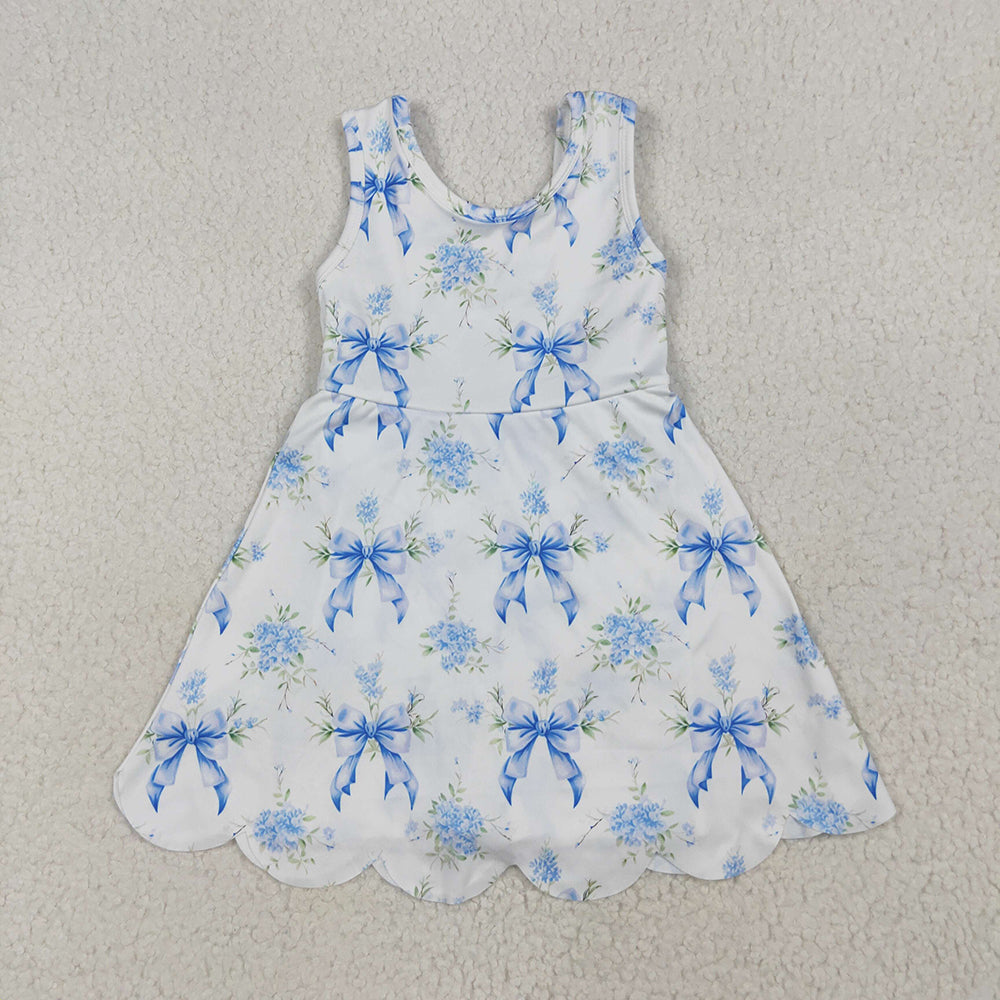 Baby Girls Blue Bows Floral Activity Wear Yoga Short Skort Knee Length Dresses