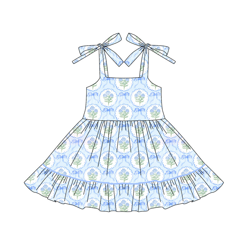 Baby Girls Blue Strap Bows Flower Plaid Knee Length Dresses Preorder