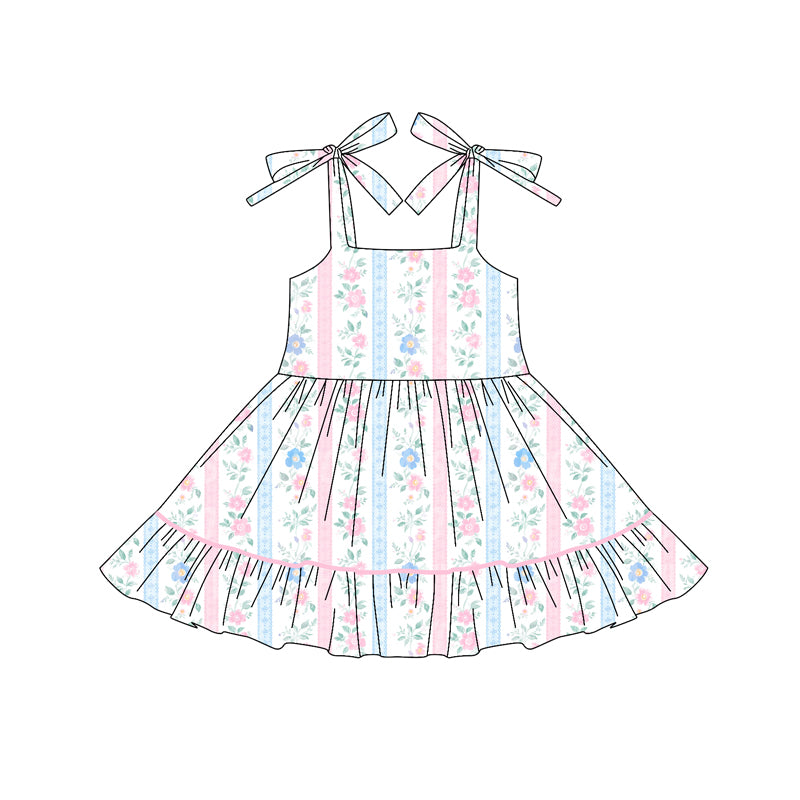 Preorder moq 5 Baby Girls Pink Strap Flower Stripe Knee Length Dresses