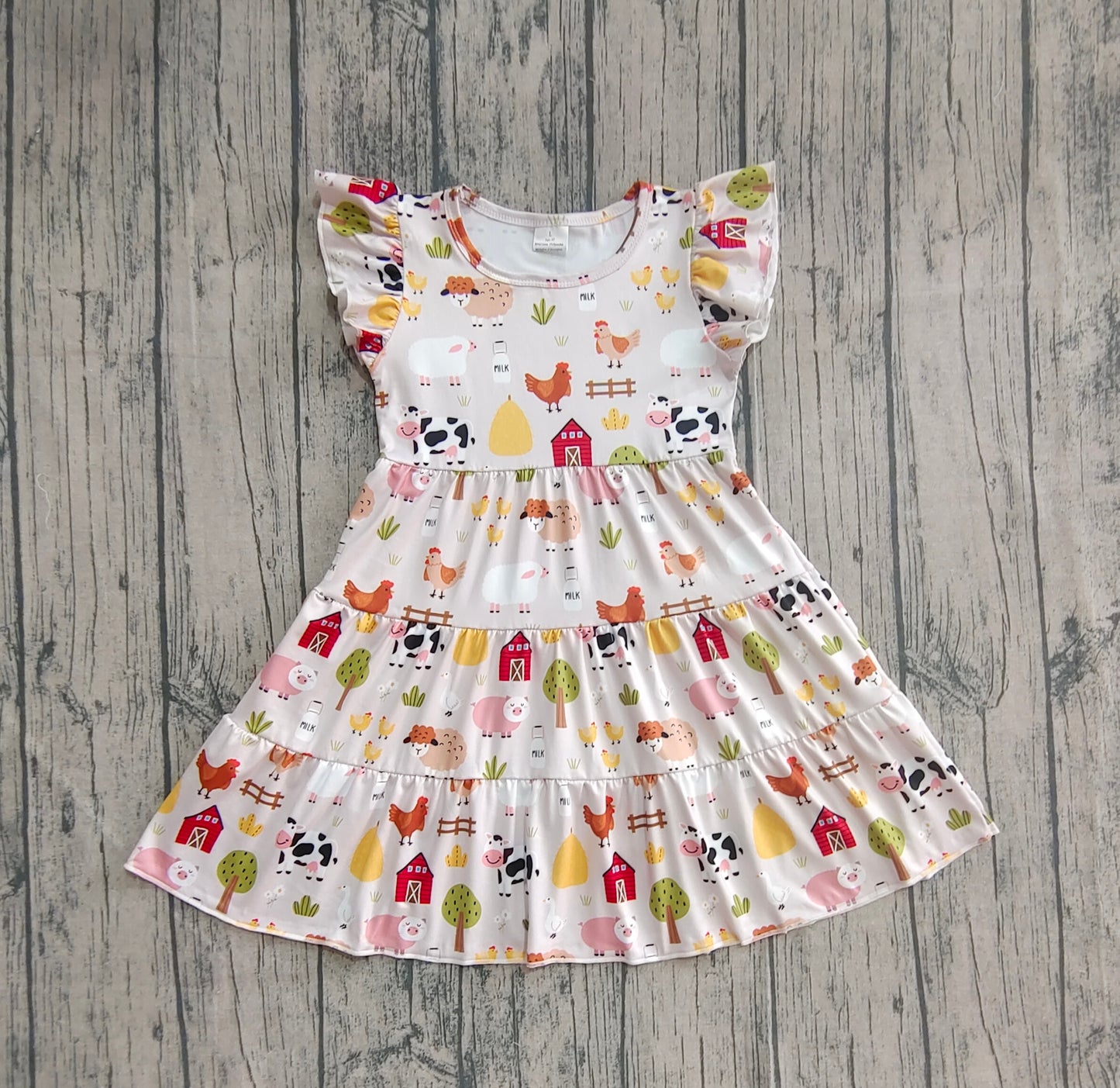 Baby Girls Flutter Sleeves Cows Chicks Farm Knee Length Dresses