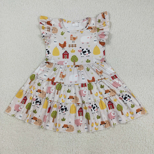 Baby Girls Flutter Sleeves Cows Chicks Farm Knee Length Dresses