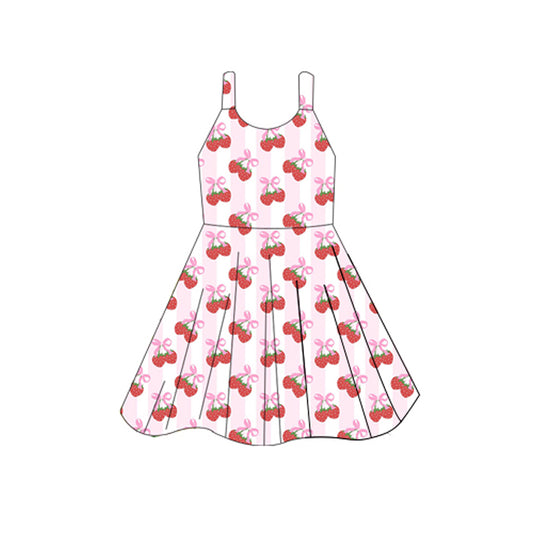 Baby Girls Sleeveless Pink Stripe Bows Strawberry Knee Length Dresses Preorder