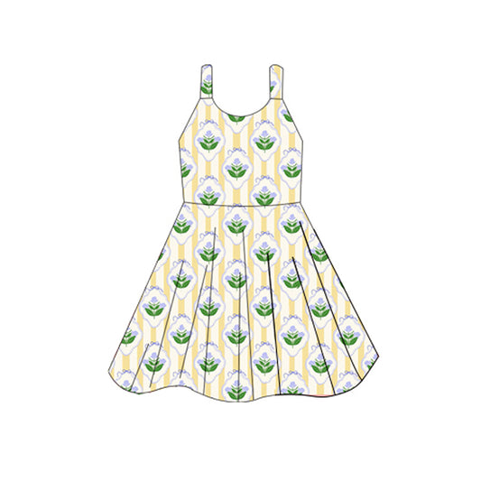 Preorder moq 5 Baby Girls Sleeveless Yellow Stripe Green Flowers Knee Length Dresses