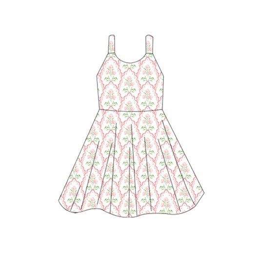 Baby Girls Sleeveless Pink Flowers Plaid Knee Length Dresses Preorder