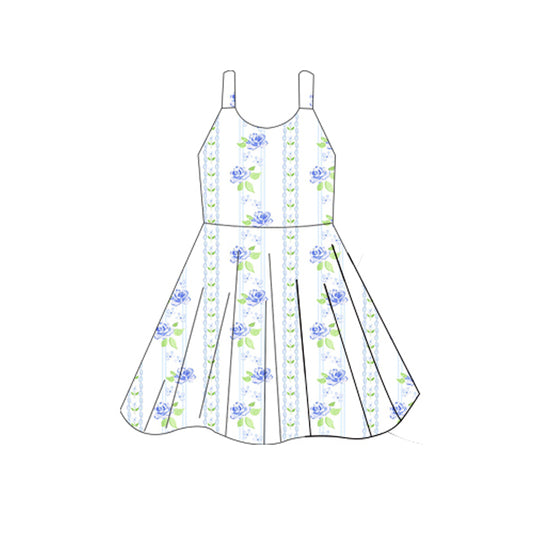 Baby Girls Sleeveless Blue Flowers Stripes Knee Length Dresses Preorder