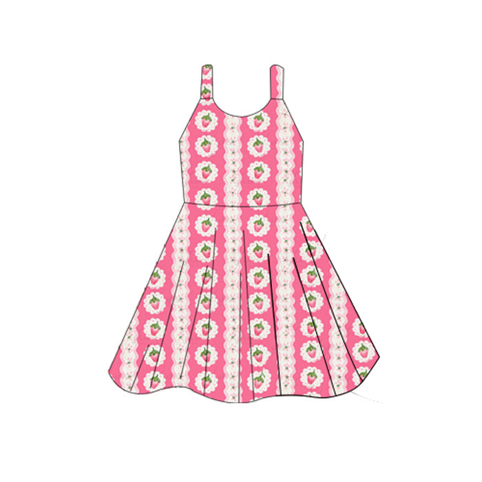Baby Girls Hot Pink Sleeveless Flowers Strawberry Stripe Knee Length Dresses Preorder