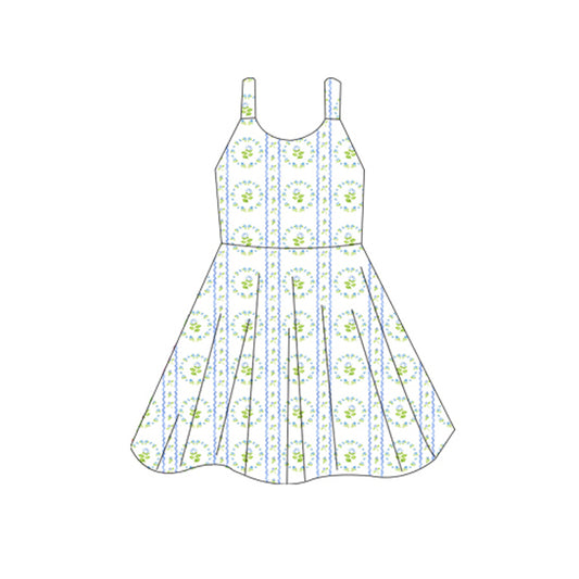 Baby Girls Sleeveless Blue Flowers Stripes Knee Length Dresses Preorder