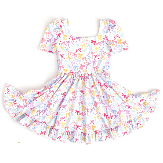 Baby Girls Short Sleeves Pink Bows Ruffle Knee Length Dresses Preorder