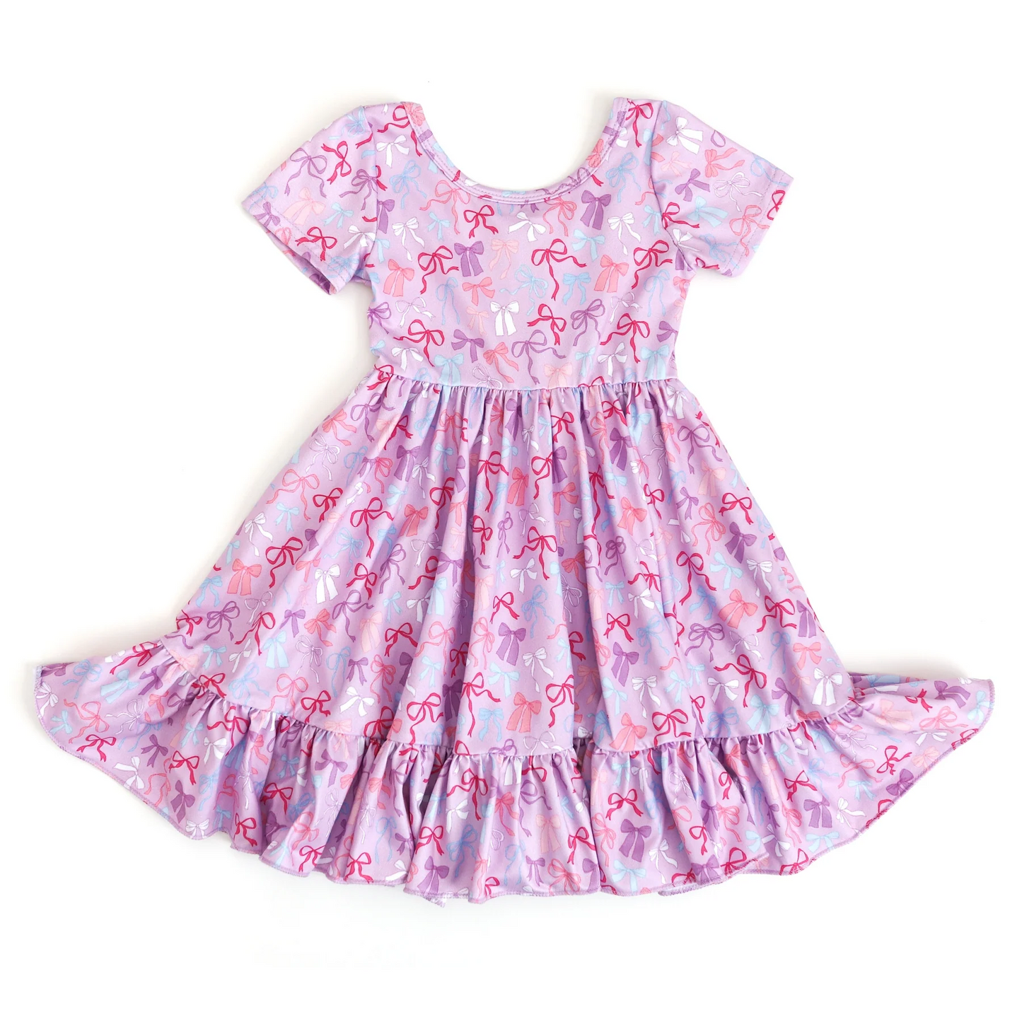 Baby Girls Short Sleeves Lavender Bows Ruffle Knee Length Dresses Preorder