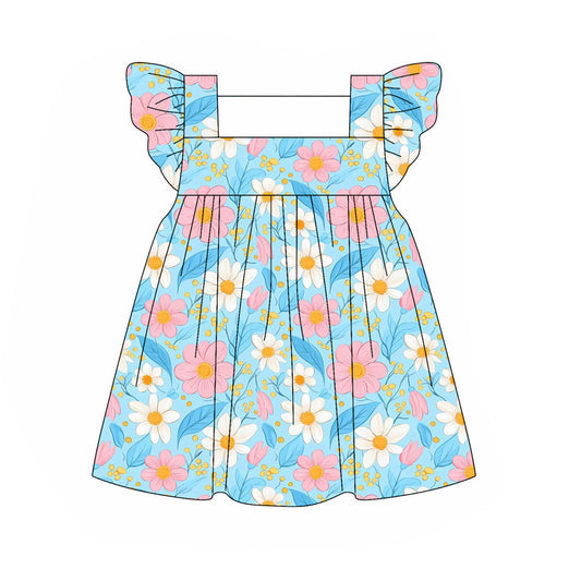 Baby Girls Blue Flutter Sleeves Daisy Flowers Knee Length Dresses Preorder