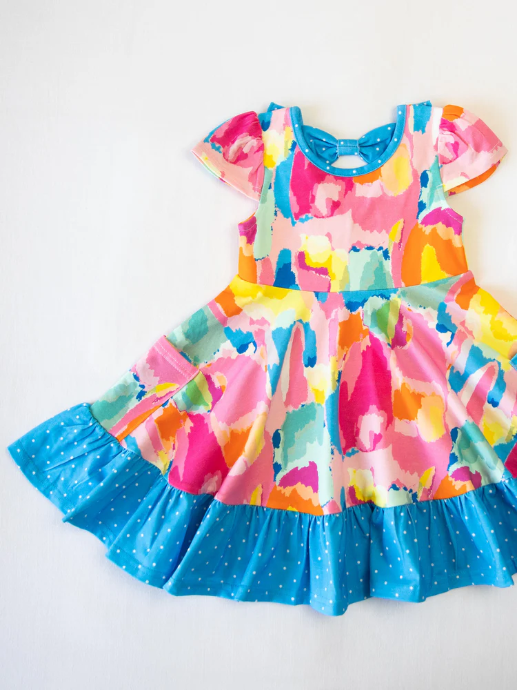 Baby Girls Short Sleeves Watercolor Camo Pockets Ruffle Knee Length Dresses Preorder