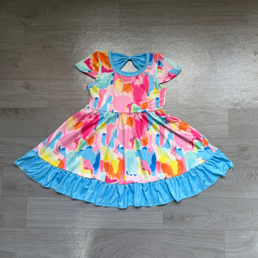 Baby Girls Short Sleeves Watercolor Camo Pockets Ruffle Knee Length Dresses Preorder