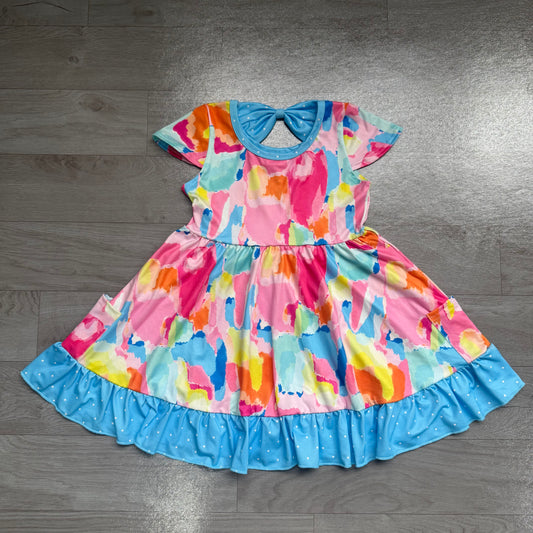Baby Girls Short Sleeves Watercolor Camo Pockets Ruffle Knee Length Dresses Preorder