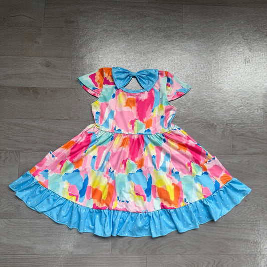 Baby Girls Short Sleeves Watercolor Camo Pockets Ruffle Knee Length Dresses Preorder