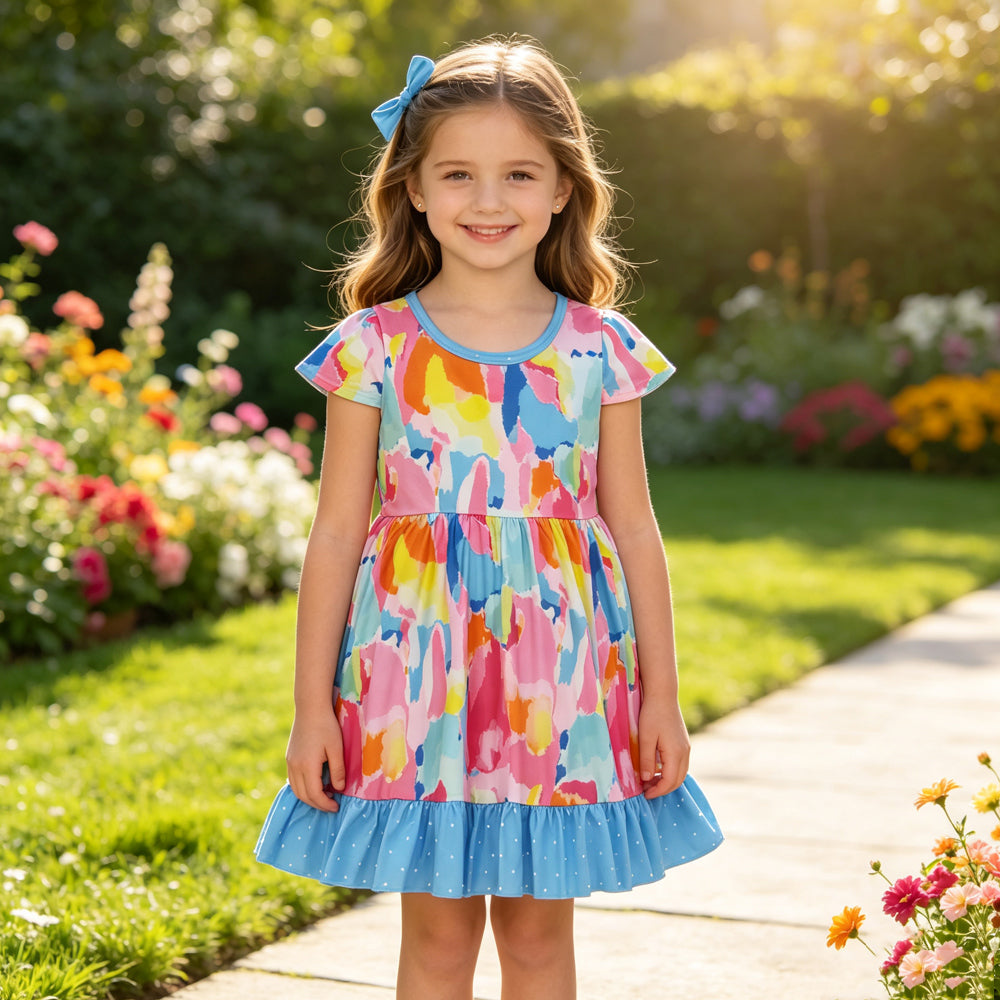Baby Girls Short Sleeves Tie-dye Print Pockets Ruffle Knee Length Dresses