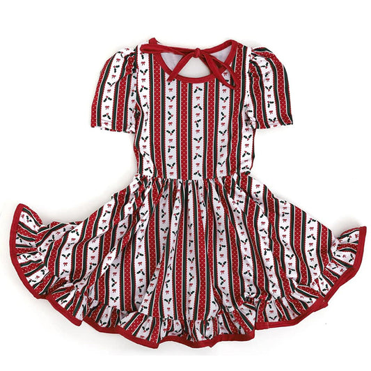 Baby Girls Short Sleeves Red Black Bows Stripes Ruffle Knee Length Dresses Preorder