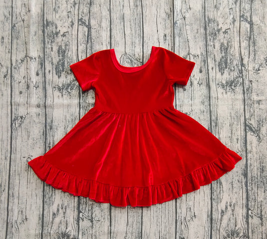 Baby Girls Short Sleeves Red Velvet Ruffle Knee Length Dresses