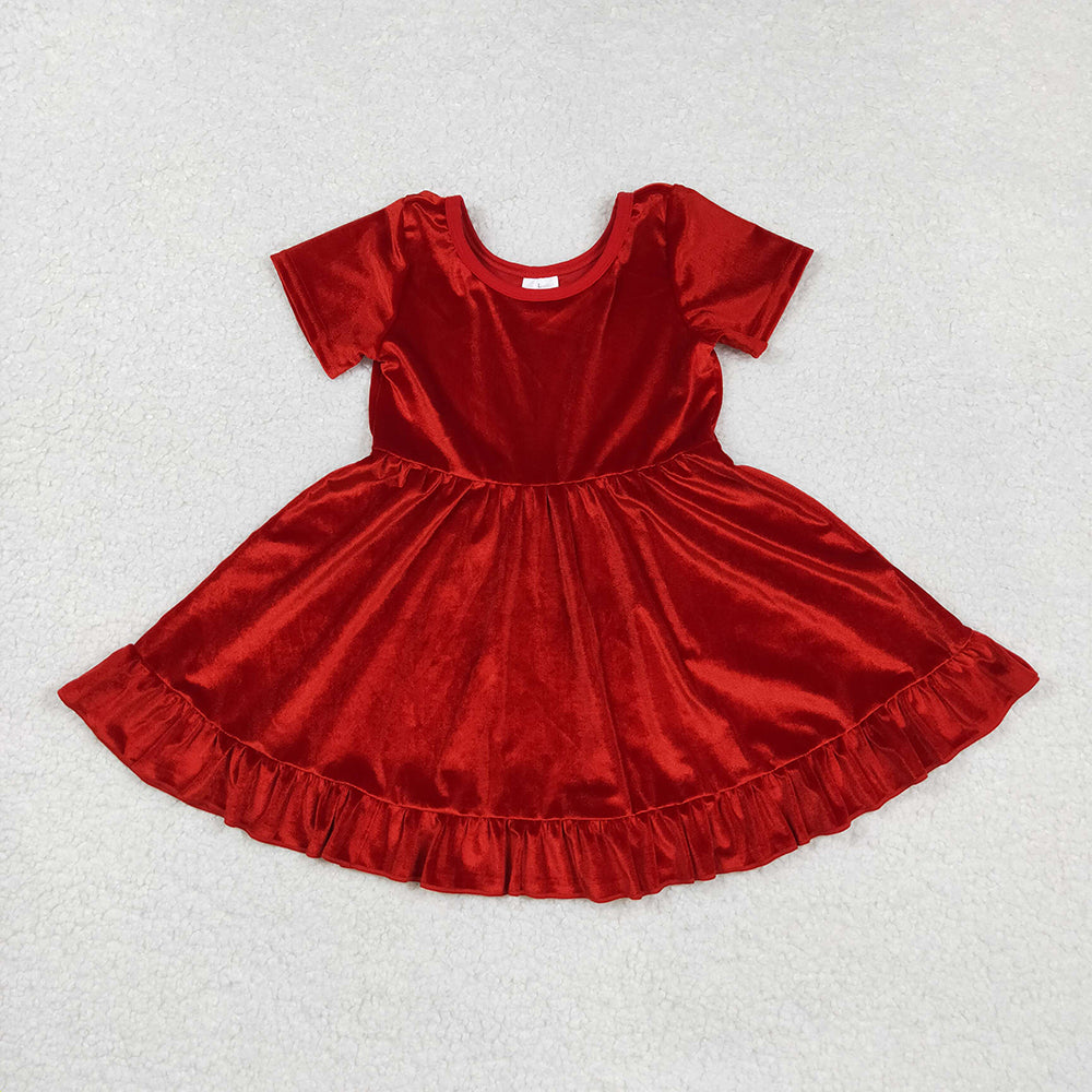 Baby Girls Short Sleeves Red Velvet Ruffle Knee Length Dresses