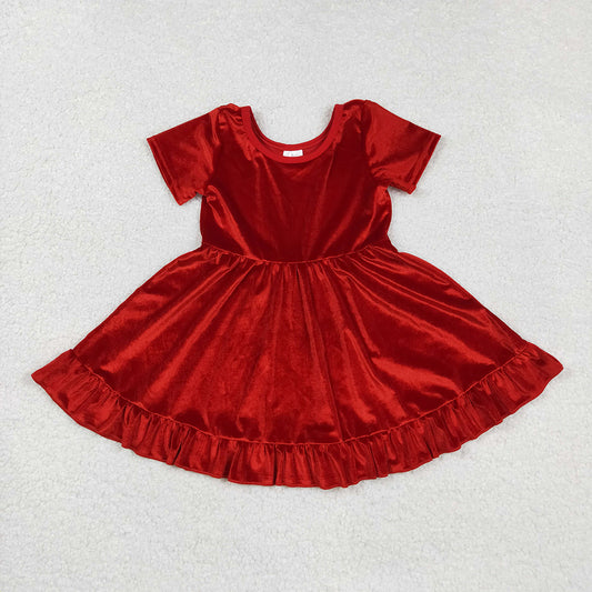Baby Girls Short Sleeves Red Velvet Ruffle Knee Length Dresses