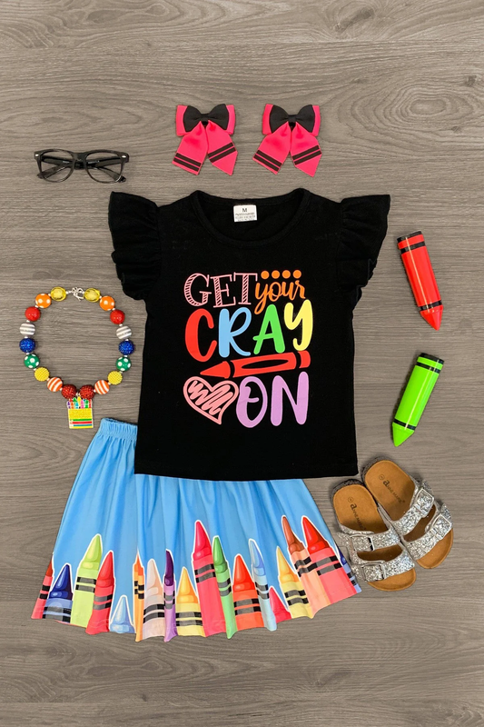 Baby Girls Black Flutter Sleeves Back To School Top Blue Skirts Set Preorder