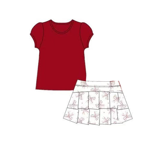 Baby Girls Red Short Ruffle Sleeves Shirts Top Bows Ruffle Skirts Yoga Set Preorder