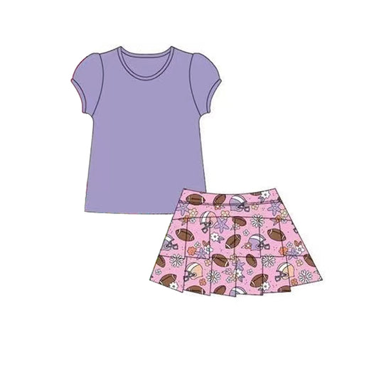 Preorder moq 5 Baby Girls Lavender Short Ruffle Sleeves Shirts Footballs Ruffle Skirts Set