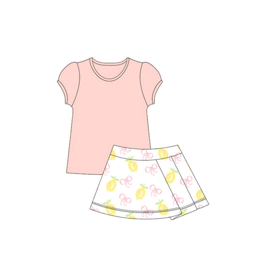 Baby Girls Peach Short Ruffle Sleeves Shirts Lemons Bows Ruffle Skirts Yoga Set Preorder