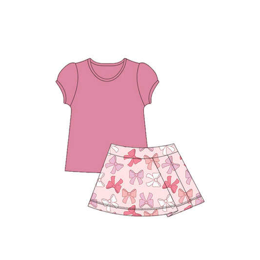 Baby Girls Pink Short Ruffle Sleeves Shirts Bows Ruffle Skirts Yoga Set Preorder