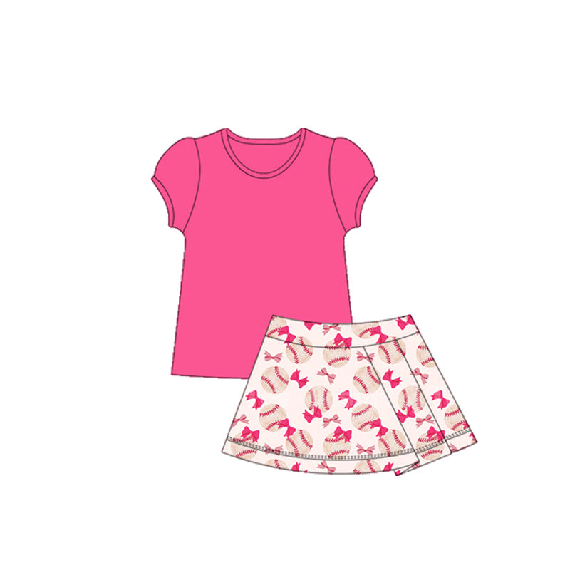 Baby Girls Hot Pink Short Ruffle Sleeves Shirts Bows Baseballs Ruffle Skirts Yoga Set Preorder